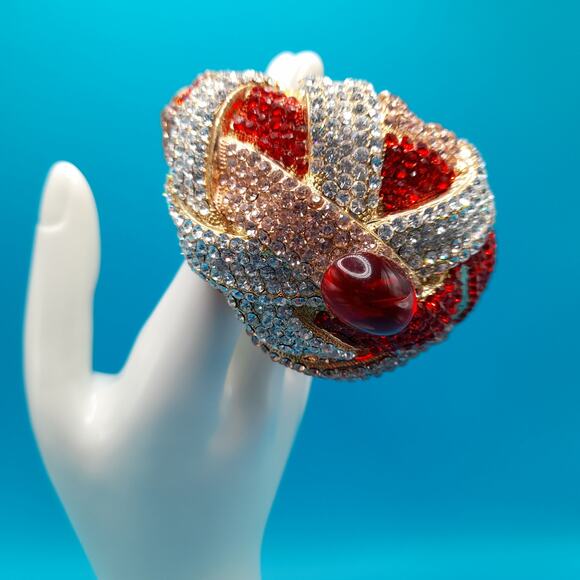 Vintage Red Clear Rhinestone Hinged Bracelet, 5.6 Ounces, Gold Tone - Picture 1 of 10